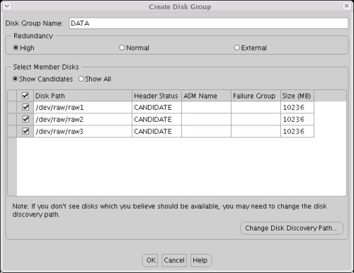 DBCA Create Disk Group Raw Devices