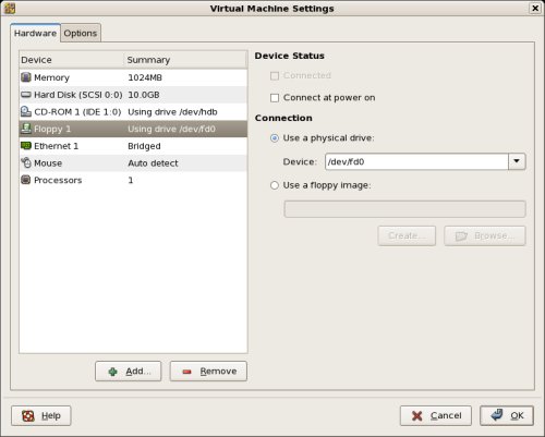 Virtual Machine Settings Remove Floppy