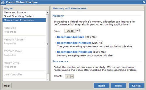New Virtual Machine Wizard Memory And Processors