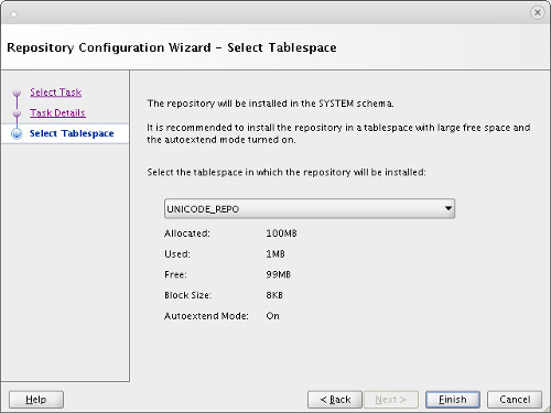 DMU : Repository Configuration Wizard - Select Tablespace