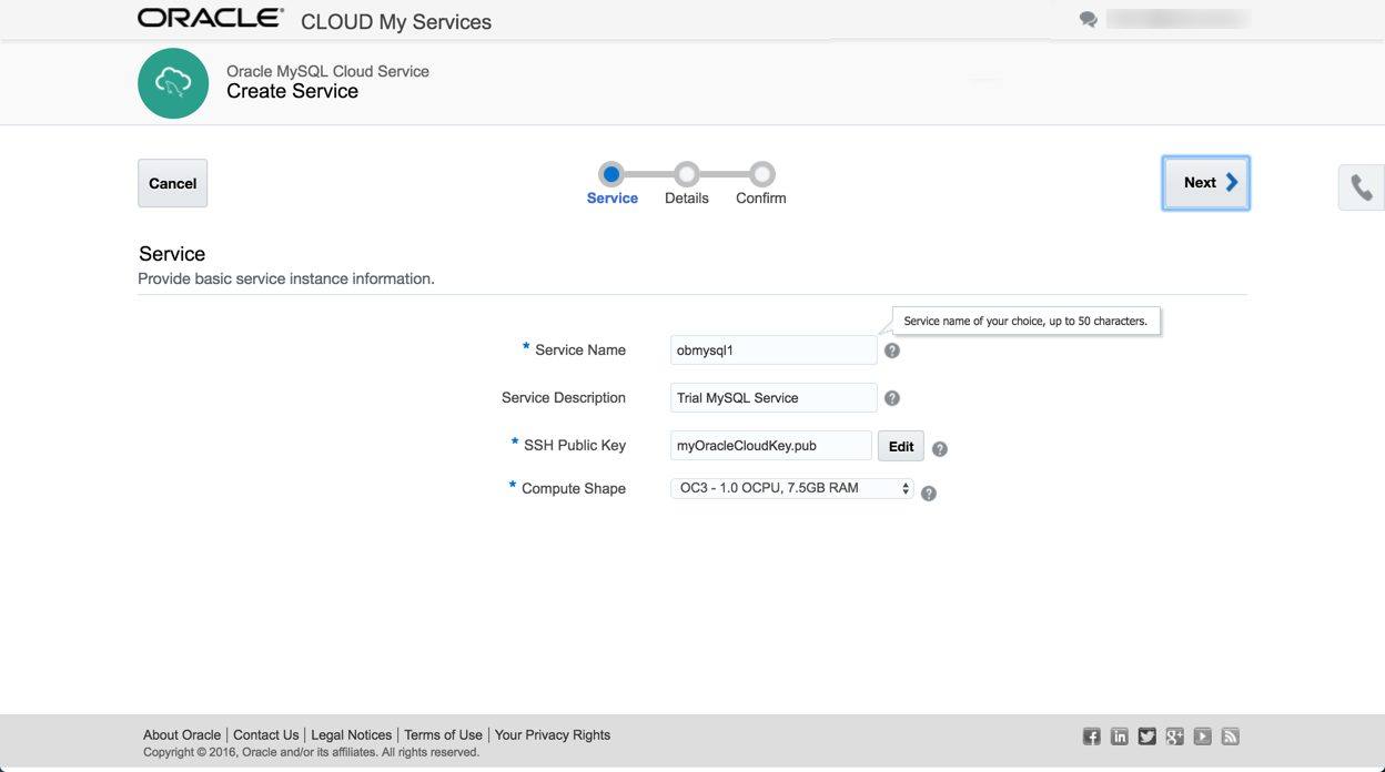 Oracle MySQL Cloud Service : Create Service