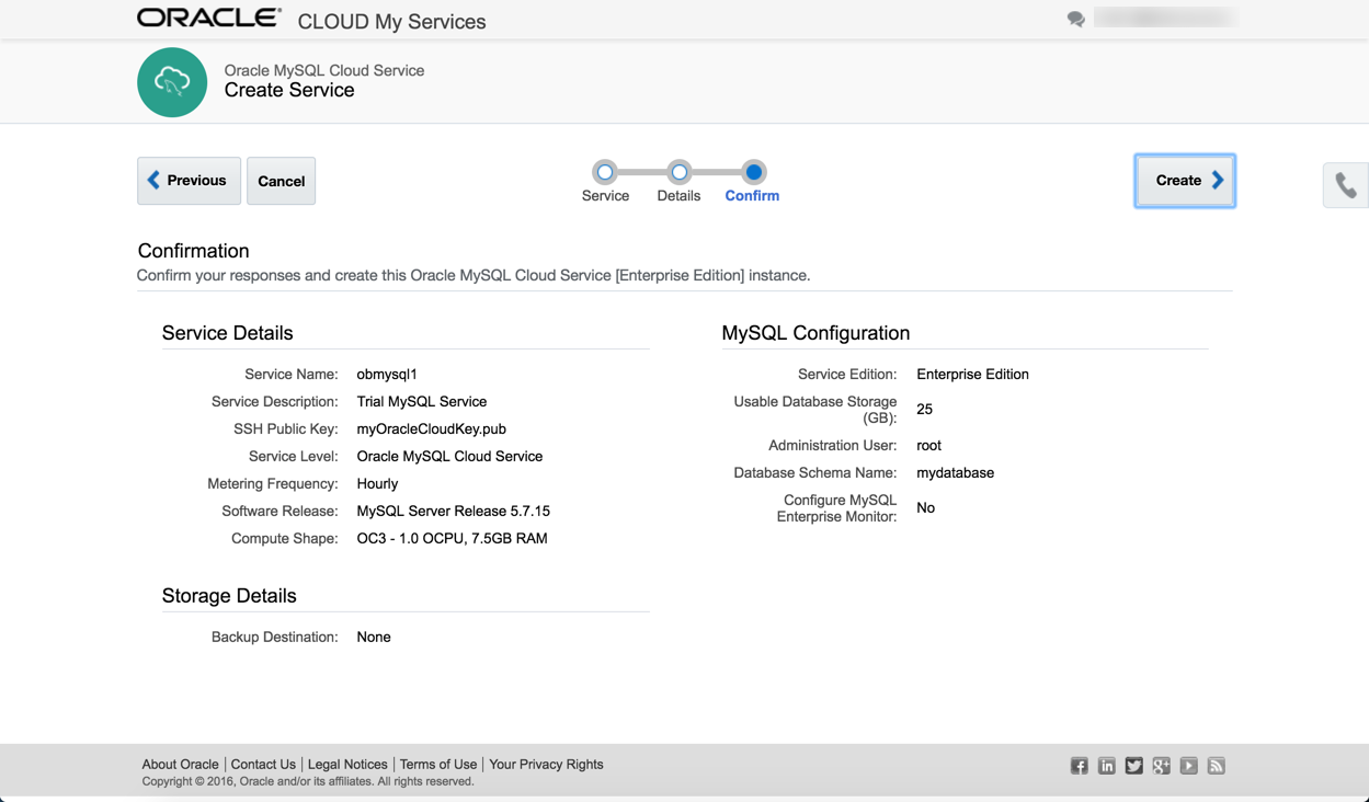 Oracle MySQL Cloud Service : Confirmation