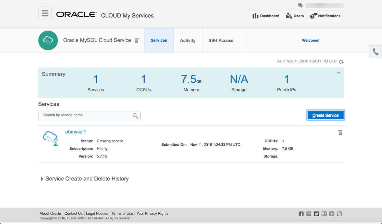 Oracle MySQL Cloud Service : Creating Service