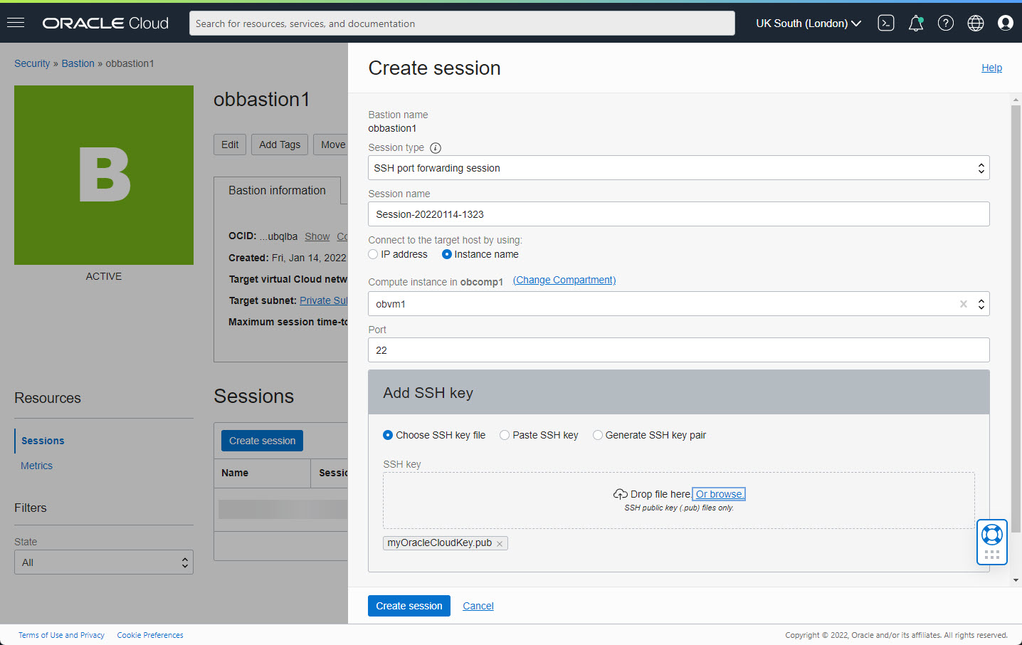 Oracle Cloud Infrastructure : Bastion Create Session