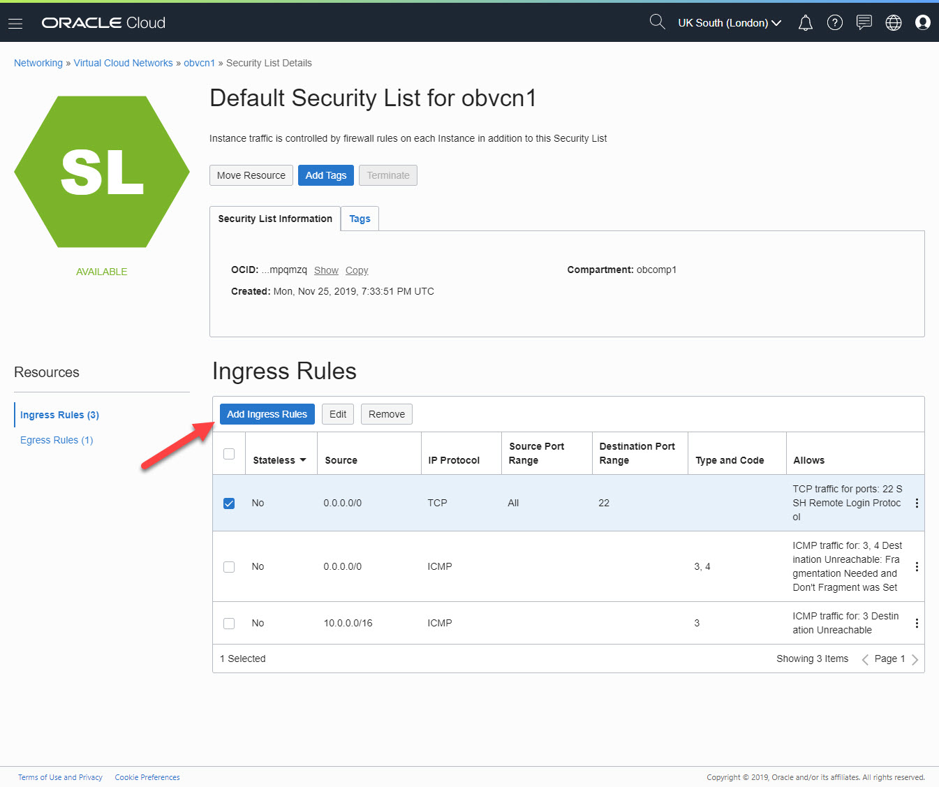 Oracle Cloud Infrastructure : Security List Details