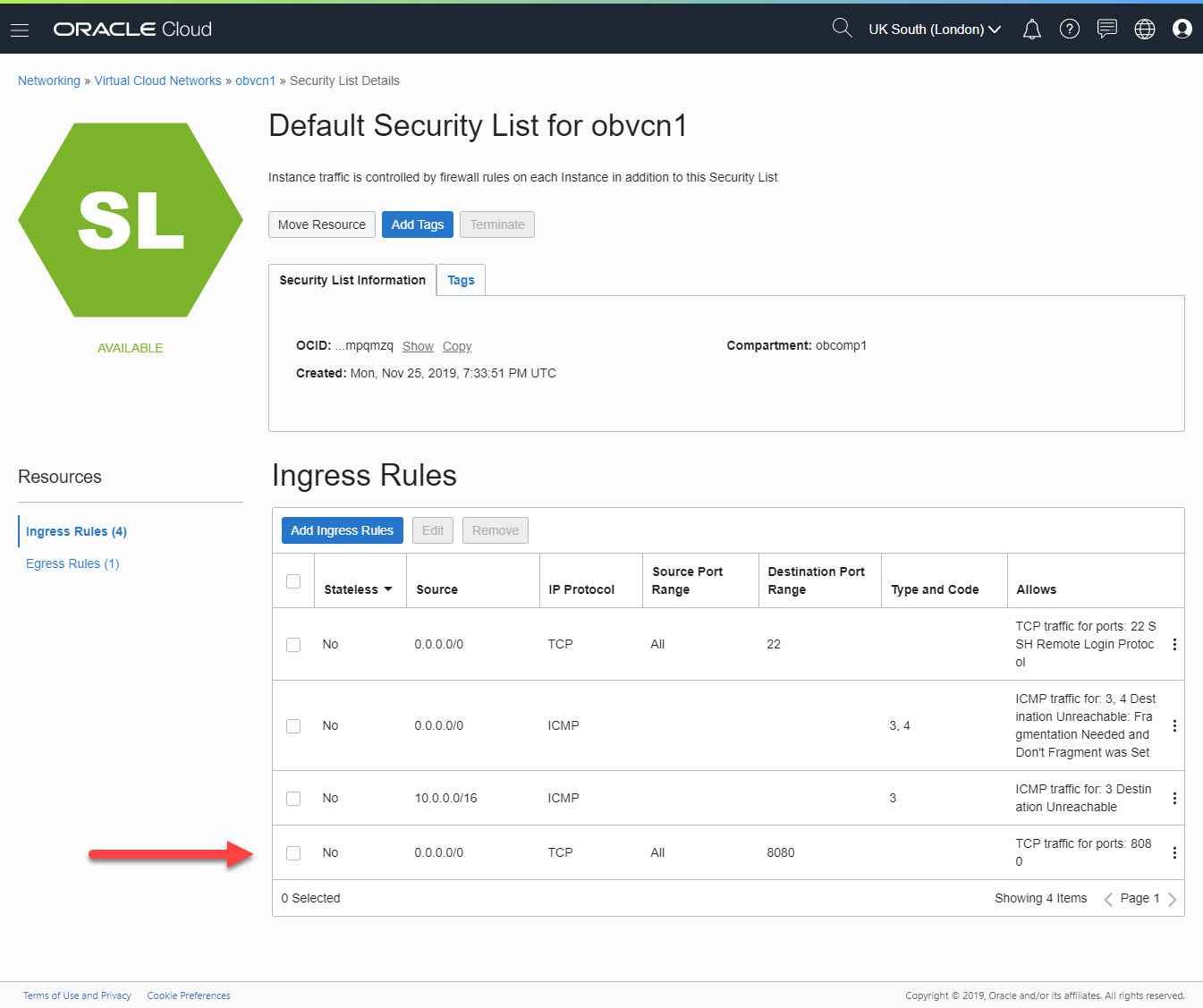 Oracle Cloud Infrastructure : Security List Details
