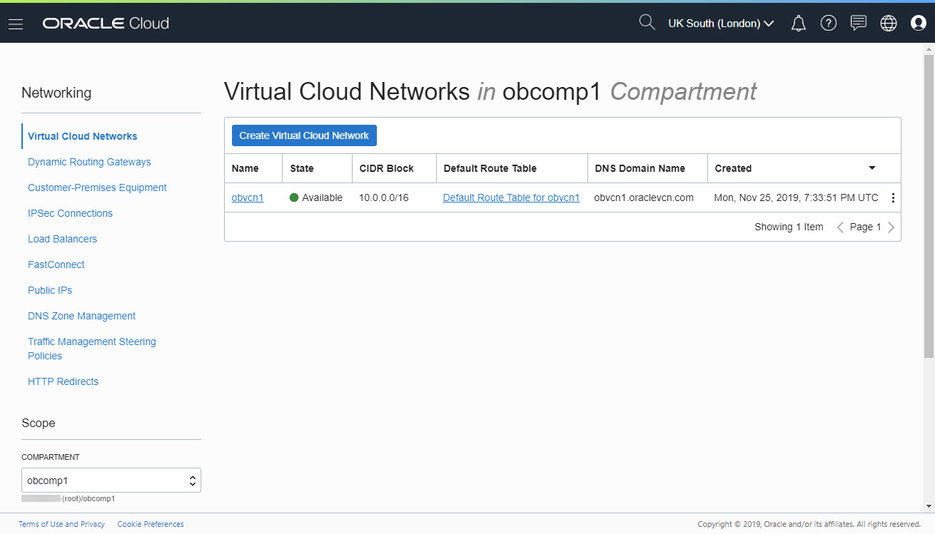 Virtual Cloud Network Dashboard