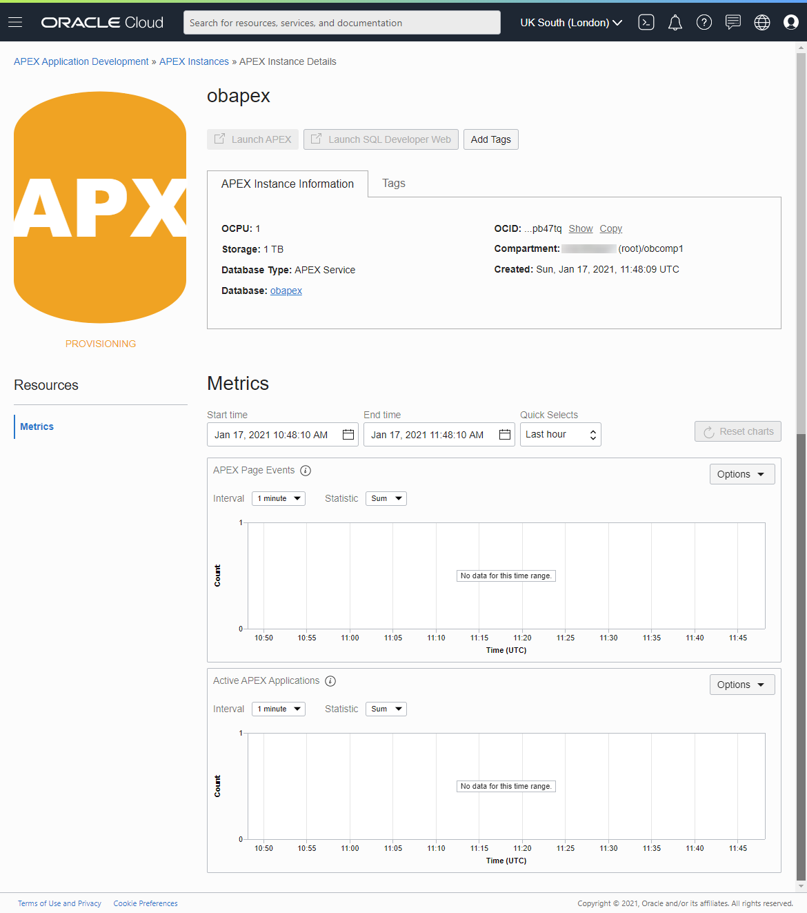 APEX Application Development Service : Provisioning