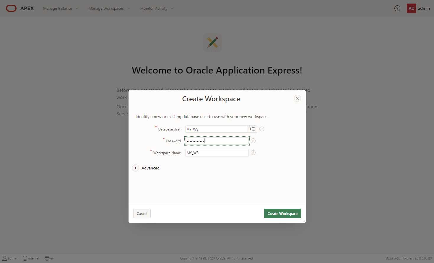 APEX Application Development Service : Create Workspace