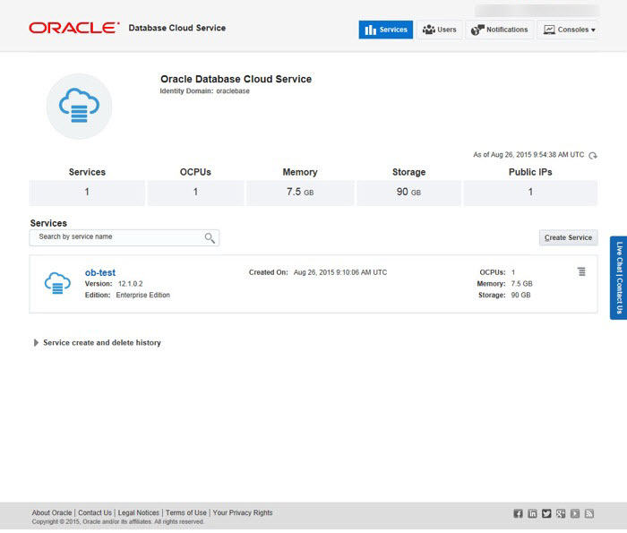 Oracle Cloud : Oracle Database Cloud Service Console