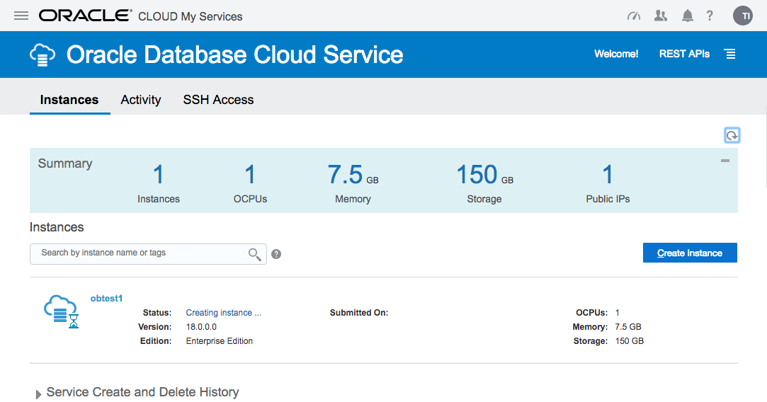 Oracle Cloud : DBaaS - My Services - In Progress