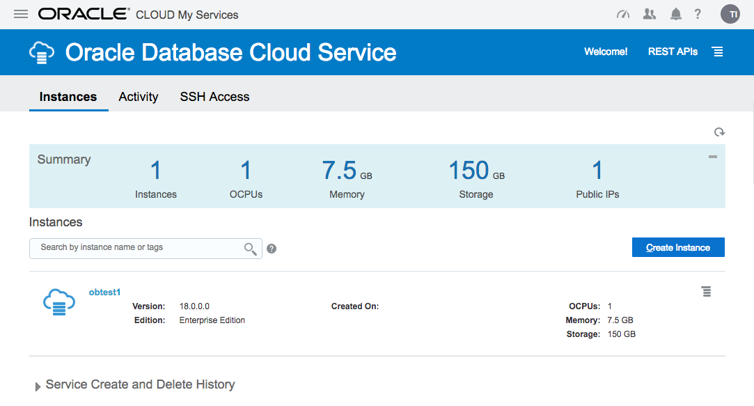 Oracle Cloud : DBaaS - My Services - Created