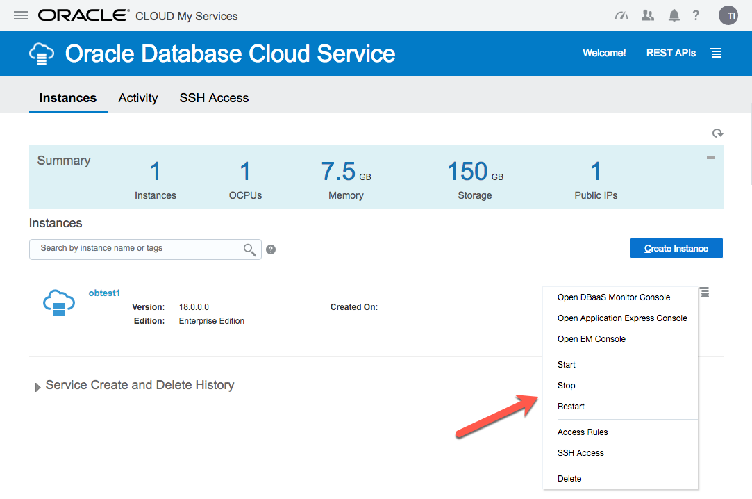 Oracle Cloud : DBaaS - My Services - Hamburger